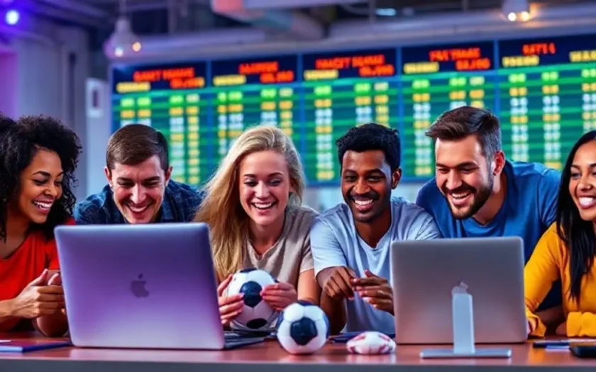 Grupo diverso de apostadores felizes usando plataformas de apostas online.