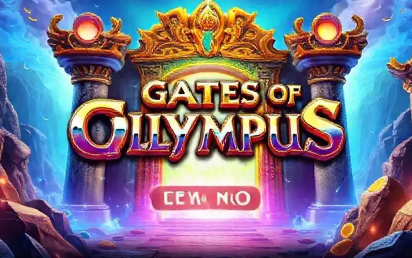 Arte do jogo Gates of Olympus com elementos míticos e cores vibrantes