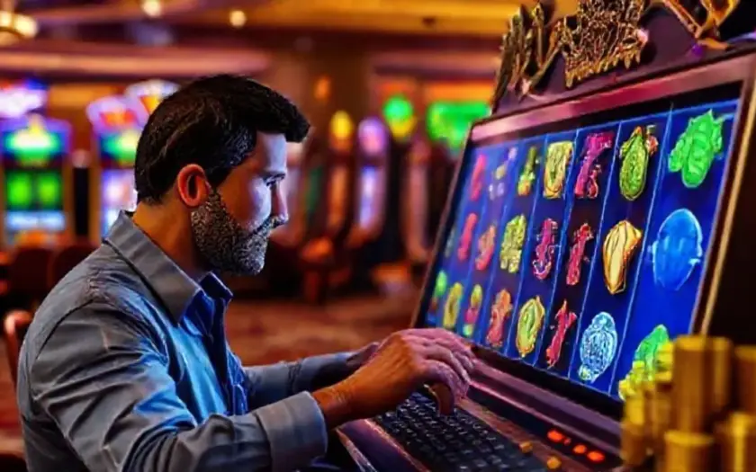 Jogador interagindo com caça-níqueis online, representando a experiência de apostas.